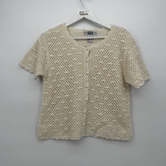 Segue Cream Crochet Cardigan Short Sleeve Top Size Small Cotton Vintage - Picture 1 of 7